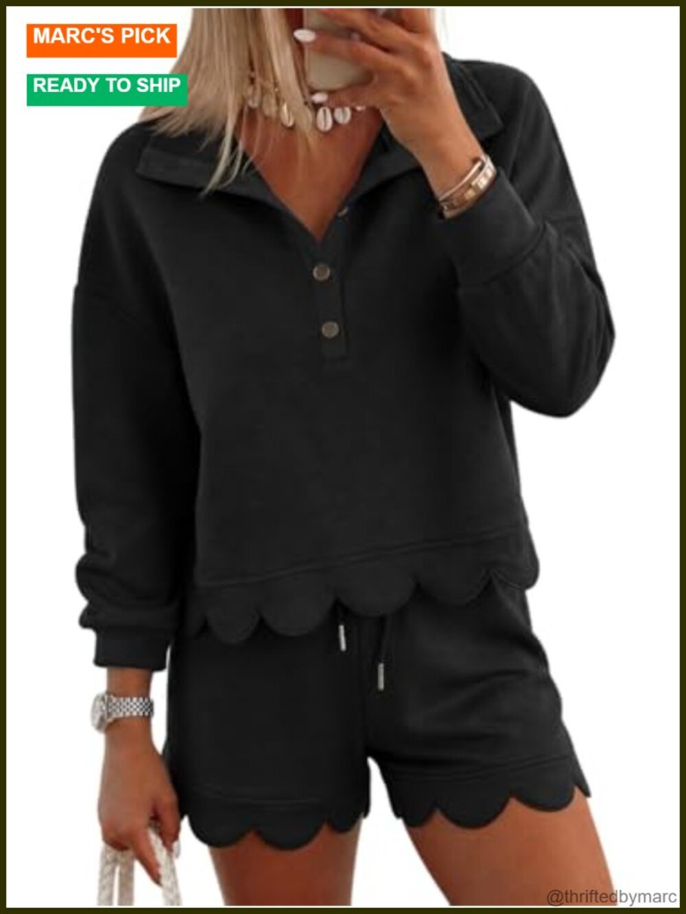 Women's 2 Piece Lounge Set Sweatshirt & Shorts Quarter Button Scalloped Hem